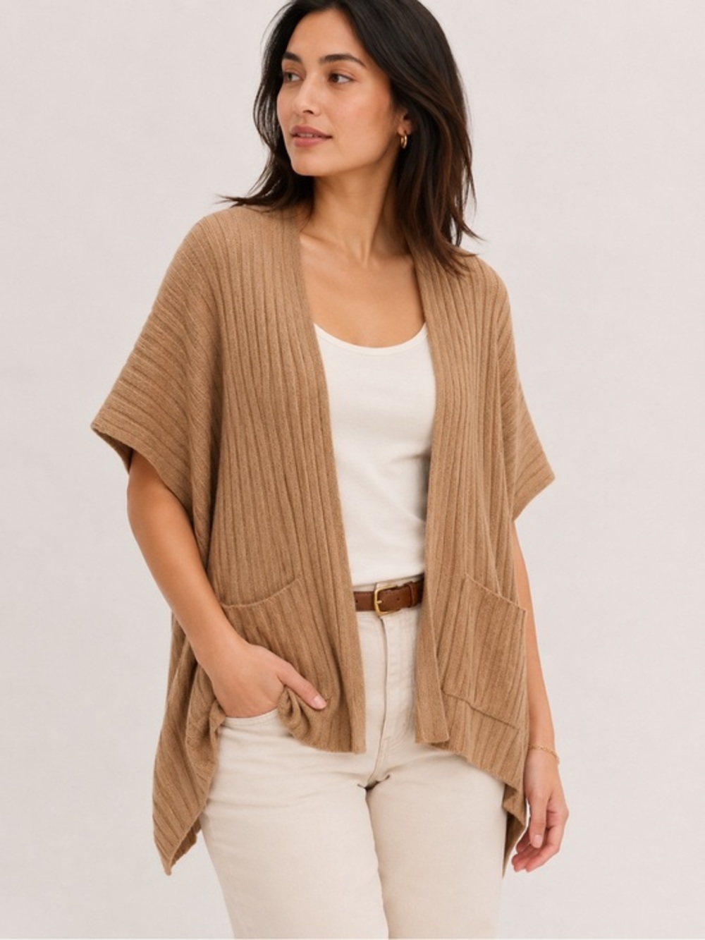 Cocogio Alpaca Blend Ribbed Knit Poncho Sweater Tan OS Made in Italy Pockets